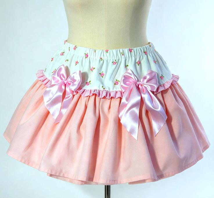 Pink White Satin & Gingham Roses Big Bows Lolita Tutu Skirt  Maid Kawaii Size 14 - 16 (UK)