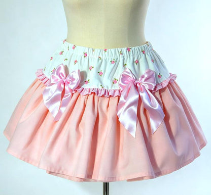 Pink White Satin & Gingham Roses Big Bows Lolita Tutu Skirt  Maid Kawaii Size 14 - 16 (UK)