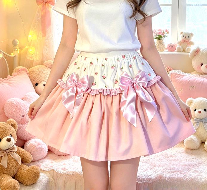 Pink White Satin & Gingham Roses Big Bows Lolita Tutu Skirt  Maid Kawaii Size 14 - 16 (UK)