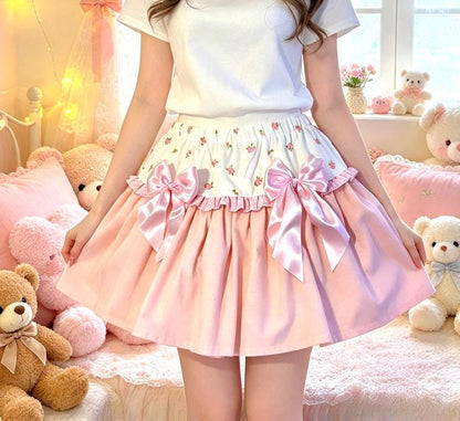 Pink White Satin & Gingham Roses Big Bows Lolita Tutu Skirt  Maid Kawaii Size 14 - 16 (UK)