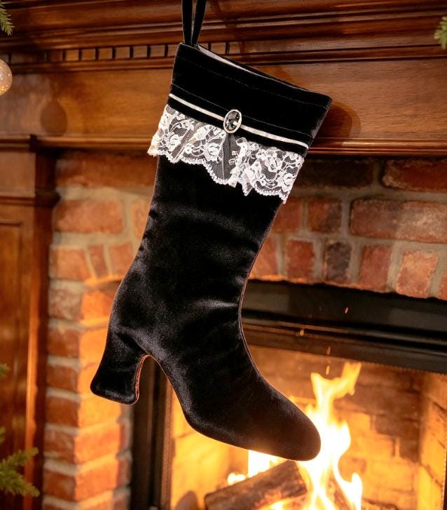 Grey Velvet Stiletto Christmas Stocking, Cream Lace Cameo Brooch - Holiday Decor