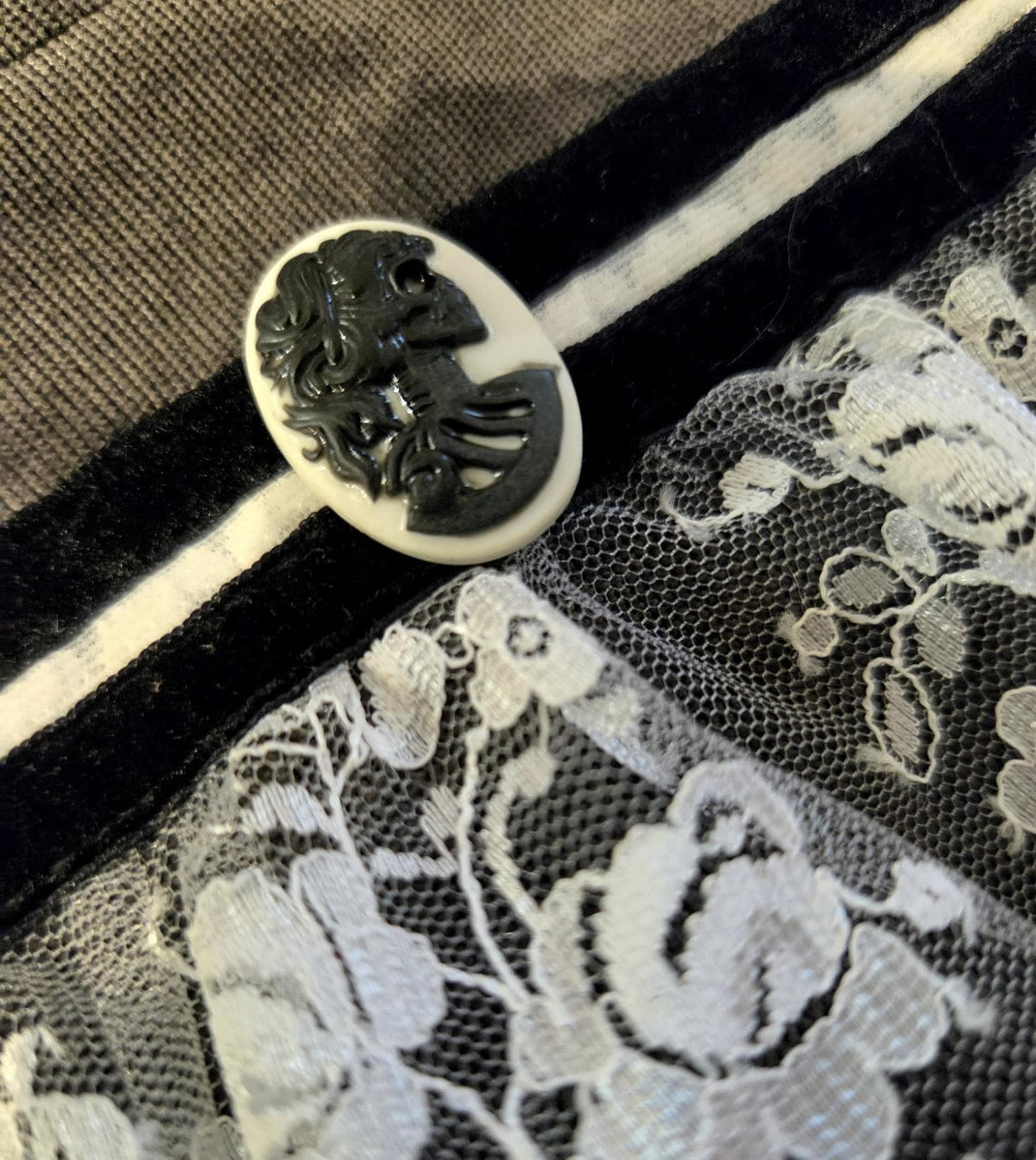 Grey Velvet Stiletto Christmas Stocking, Cream Lace Cameo Brooch - Holiday Decor