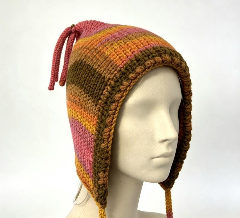 Handmade Purple Orange Brown Knitted Pixie Bonnet: With Knitted Cord Ties, Woodland Autumn