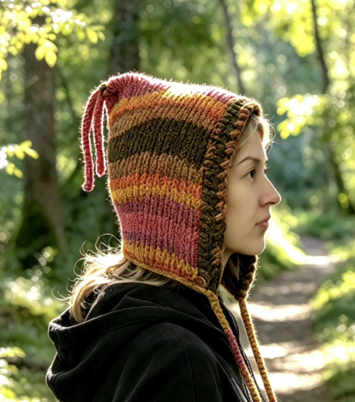 Handmade Purple Orange Brown Knitted Pixie Bonnet: With Knitted Cord Ties, Woodland Autumn