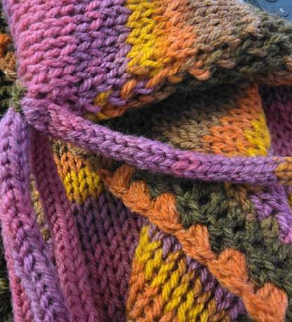 Handmade Purple Orange Brown Knitted Pixie Bonnet: With Knitted Cord Ties, Woodland Autumn