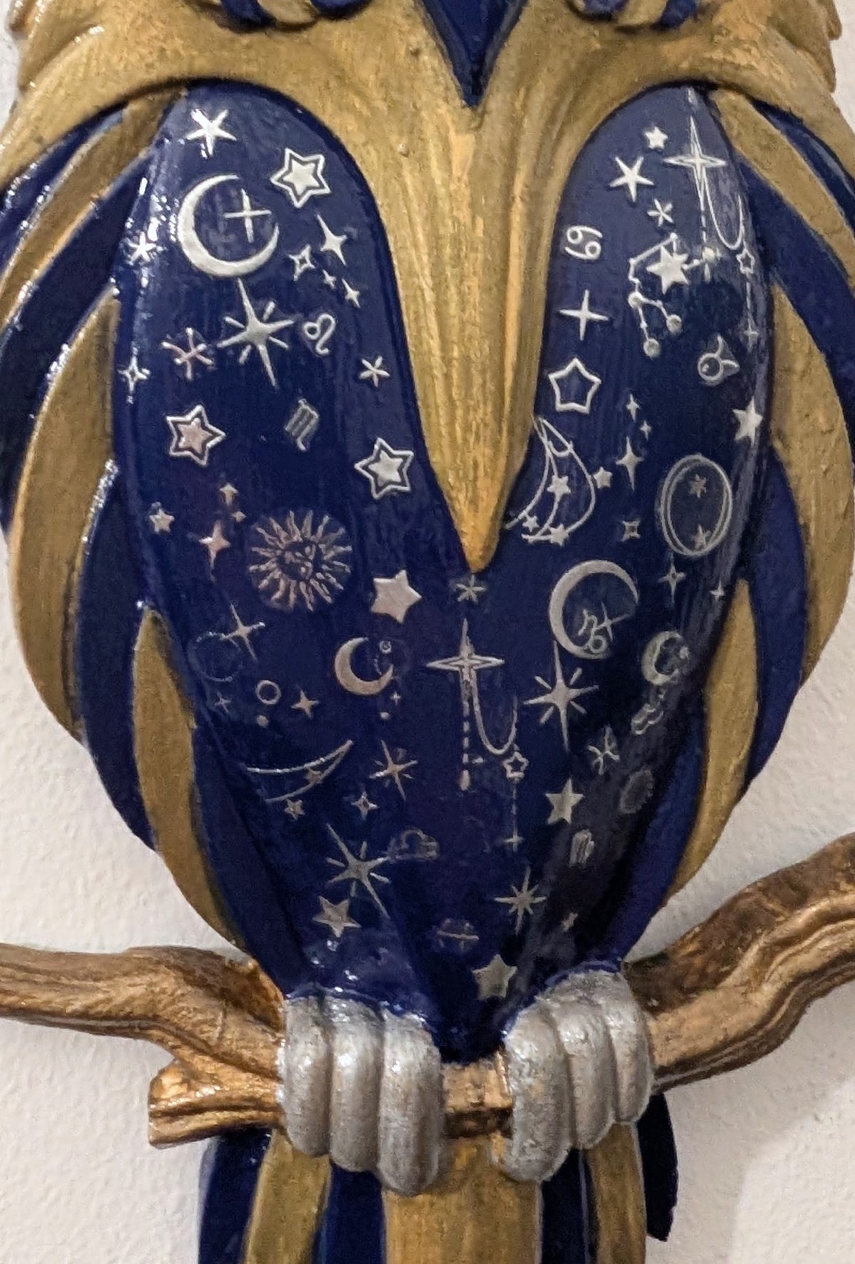 Handcast and hand painted Wise Old Owl In Blue, Gold, and Silver Celestial Inspired Wall hanging Plaque Home Decor