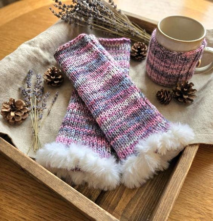 Knitted Arm Warmers With White Fur Trim Pink Lilac White Sleeves Goth Whitby Fancy Dress Gothic Free Size Fingerless Gloves AW6 - Oh My Gothness