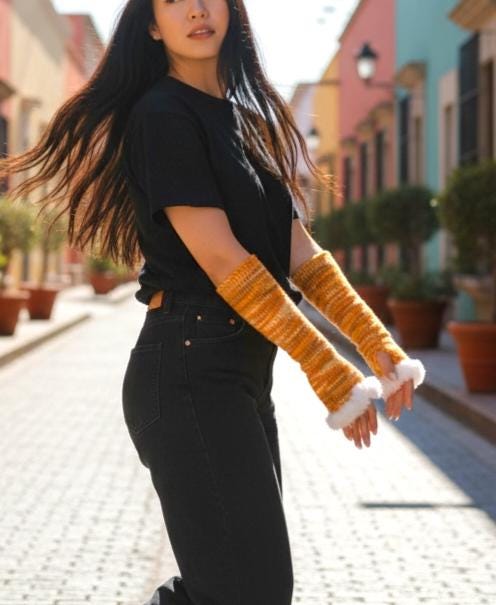Knitted Arm Warmers With White Fur Trim Yellow Orange Sleeves Goth Whitby Fancy Dress Gothic Free Size Fingerless Gloves AW5 - Oh My Gothness