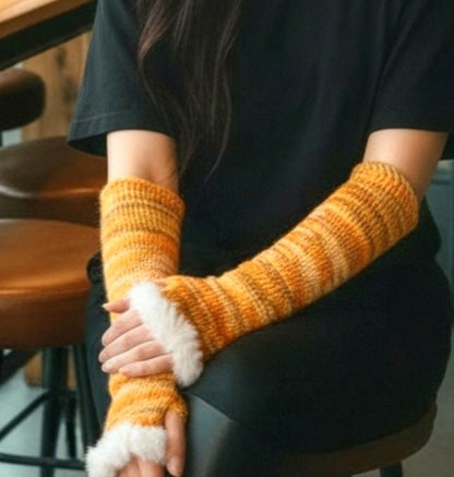Knitted Arm Warmers With White Fur Trim Yellow Orange Sleeves Goth Whitby Fancy Dress Gothic Free Size Fingerless Gloves AW5 - Oh My Gothness