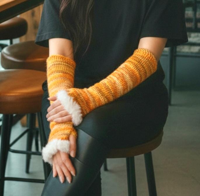 Knitted Arm Warmers With White Fur Trim Yellow Orange Sleeves Goth Whitby Fancy Dress Gothic Free Size Fingerless Gloves AW5 - Oh My Gothness