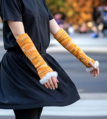 Knitted Arm Warmers With White Fur Trim Yellow Orange Sleeves Goth Whitby Fancy Dress Gothic Free Size Fingerless Gloves AW5 - Oh My Gothness