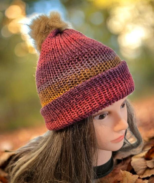 Knitted Beanie Bobble Hat Green Purple Orange Handmade Adult Woodland Winter Gift HT71 - Oh My Gothness