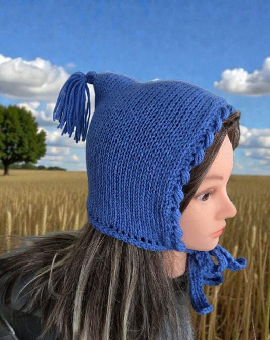 Knitted Blue Woodland Forest Pixie Hat Child Bonnet Hood Whimsy Elf Fairy Girl 5 - 10 Year Old Winter Gift HT65 - Oh My Gothness