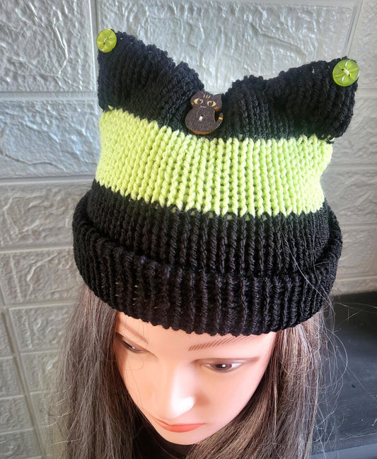 Knitted Cat Ear Hat Beanie Lime Green Black Stripes Punk Emo Goth Kitty Hat Winter Gift HT1 - Oh My Gothness