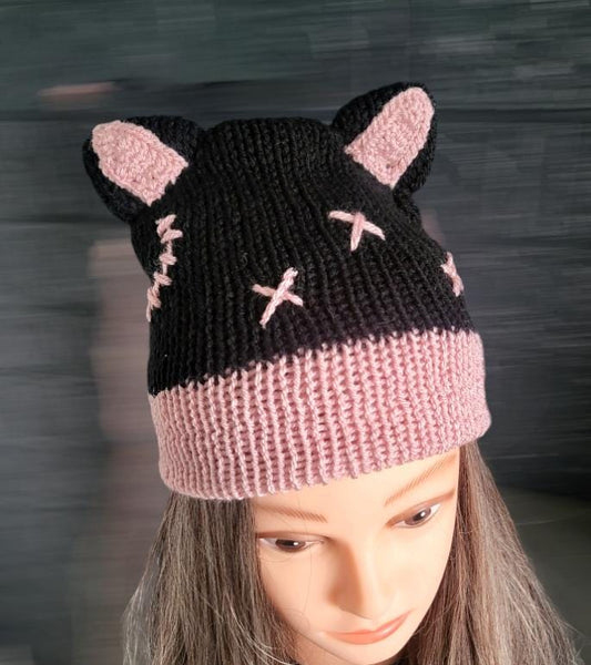 Knitted Cat Ears Beanie: Black & Pink Crochet Skull Design - Oh My Gothness