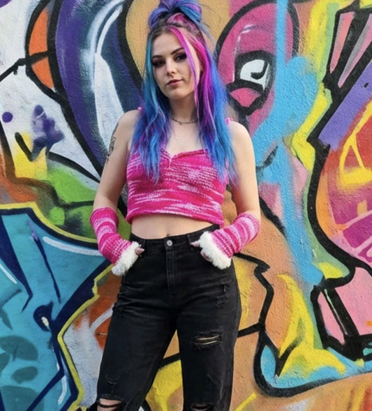 Knitted Emo Vest Top & Fingerless Gloves Set White Pink Size 8 - 12 Punk VS4 - Oh My Gothness