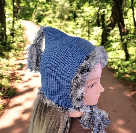 Knitted Forest Bonnet Handmade Pixie Bow Tie Hat Blue With Grey Faux Fur Trim Adult Emo Goth Whimsy Elf Fairy Reenactment Winter Gift HT36 - Oh My Gothness