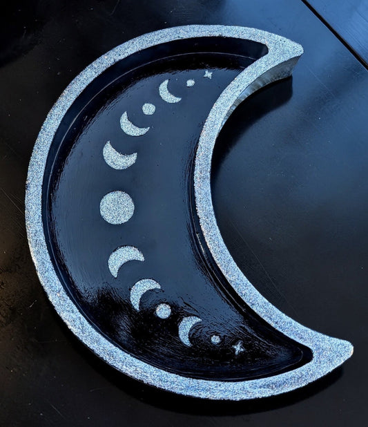 Large Crescent Moon Black and Silver Ring Dish Jewellery Trinket Gothic Celestial Decor Gift - Oh My Gothness
