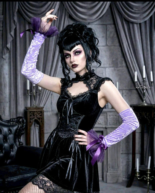 Lilac Purple Velvet Long Arm Warmers Black Net Lace, Gothic Victorian Sleeves Opera Gloves - Oh My Gothness