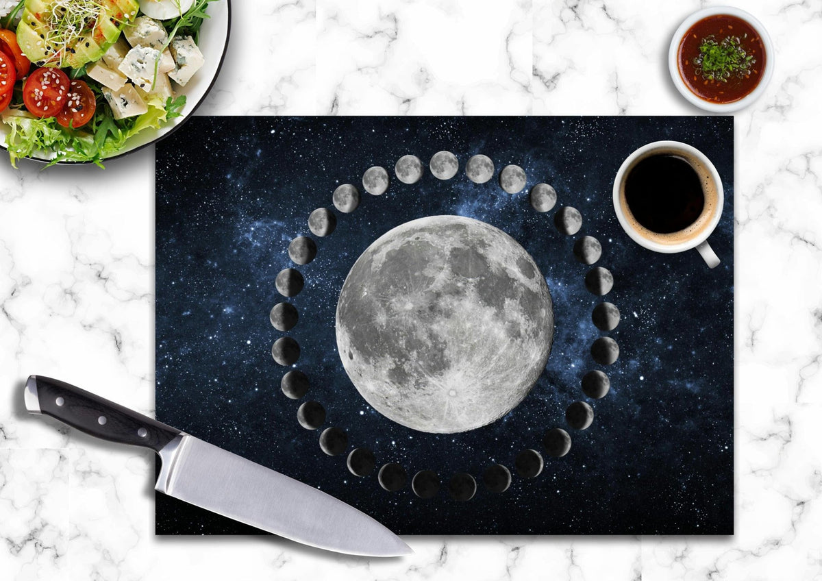 Moon Phases Tempered Glass Cutting Board, Space Kitchen Decor - Oh My Gothness