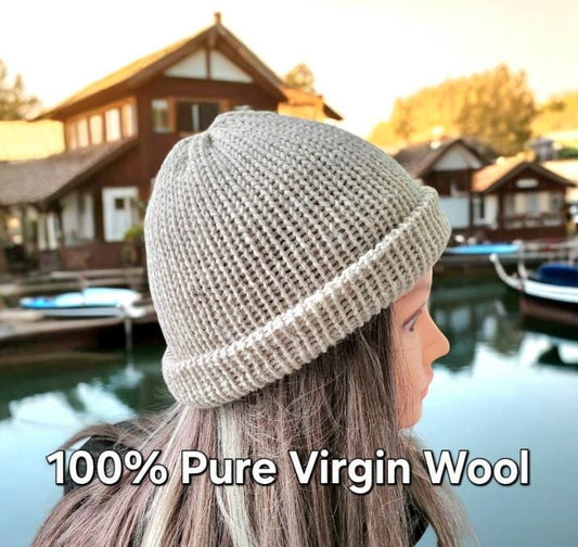 Oatmeal Beige Knitted Beanie Fishermans Hat 100% Pure Virgin Wool Handmade Adult Woodland Winter Gift PW2 - Oh My Gothness
