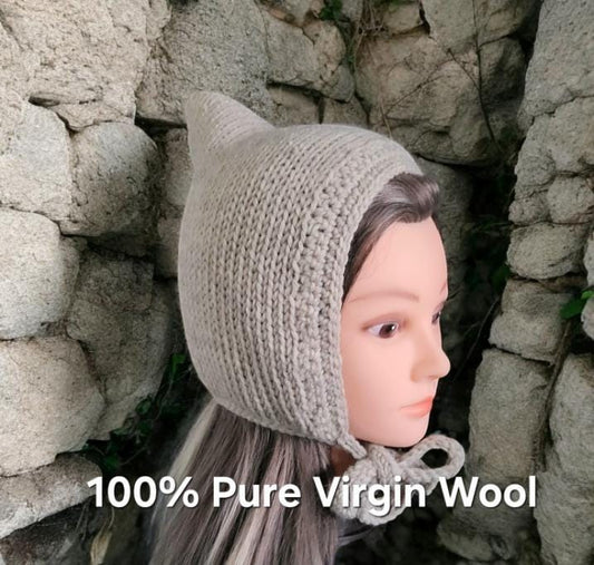 Oatmeal Beige Knitted Bonnet 100% Pure Virgin Wool Handmade Pixie Bow Tie Hat Adult Woodland Whimsy Elf Fairy Winter Gift PW1 - Oh My Gothness