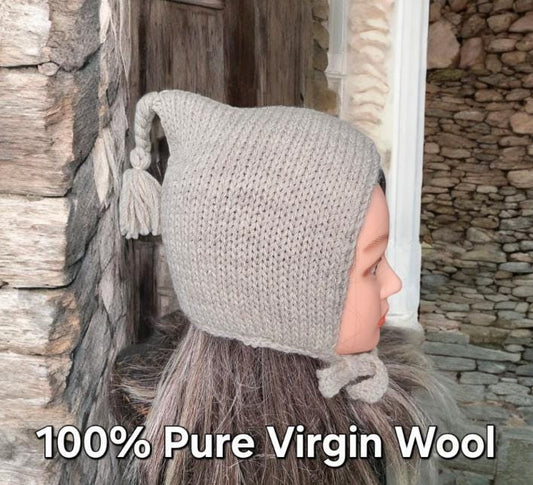 Oatmeal Beige Knitted Bonnet 100% Pure Virgin Wool With Tassel Handmade Pixie Bow Tie Hat Adult Woodland Whimsy Elf Fairy Winter Gift PW3 - Oh My Gothness