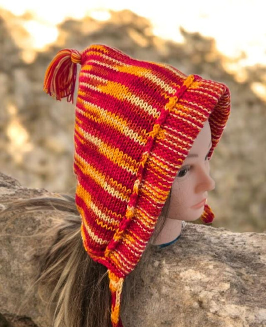 Orange Yellow Red Knitted Forest Bonnet Handmade Pixie Bow Tie Hat Woodland Adult Emo Goth Whimsy Elf Fairy Winter Gift HT70 - Oh My Gothness