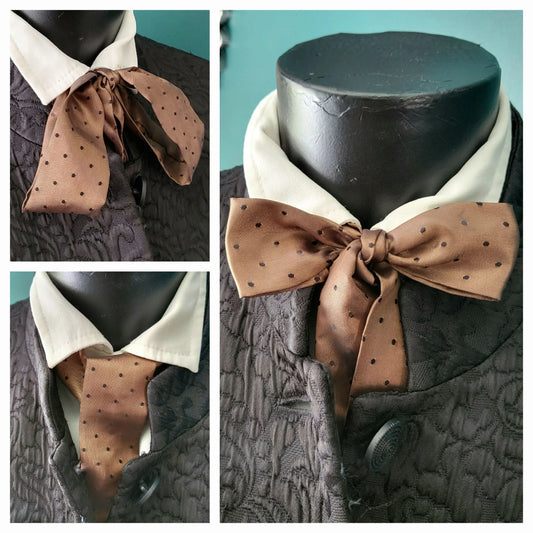 Taupe Brown Spot Silky Self Tie Skinny Cravat Neck Scarf Multi Way Steampunk Wedding Pussy Bow Theatre Costume Victorian Whitby