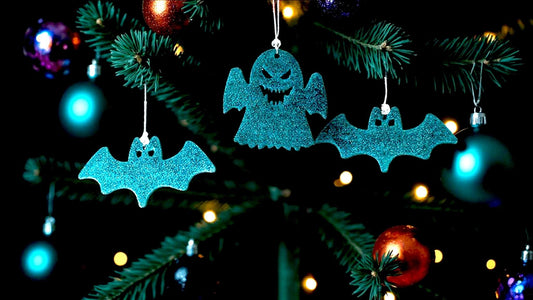 Peacock Green Glitter Bat & Ghost Christmas Ornaments: Gothic Xmas Tree Set - Oh My Gothness