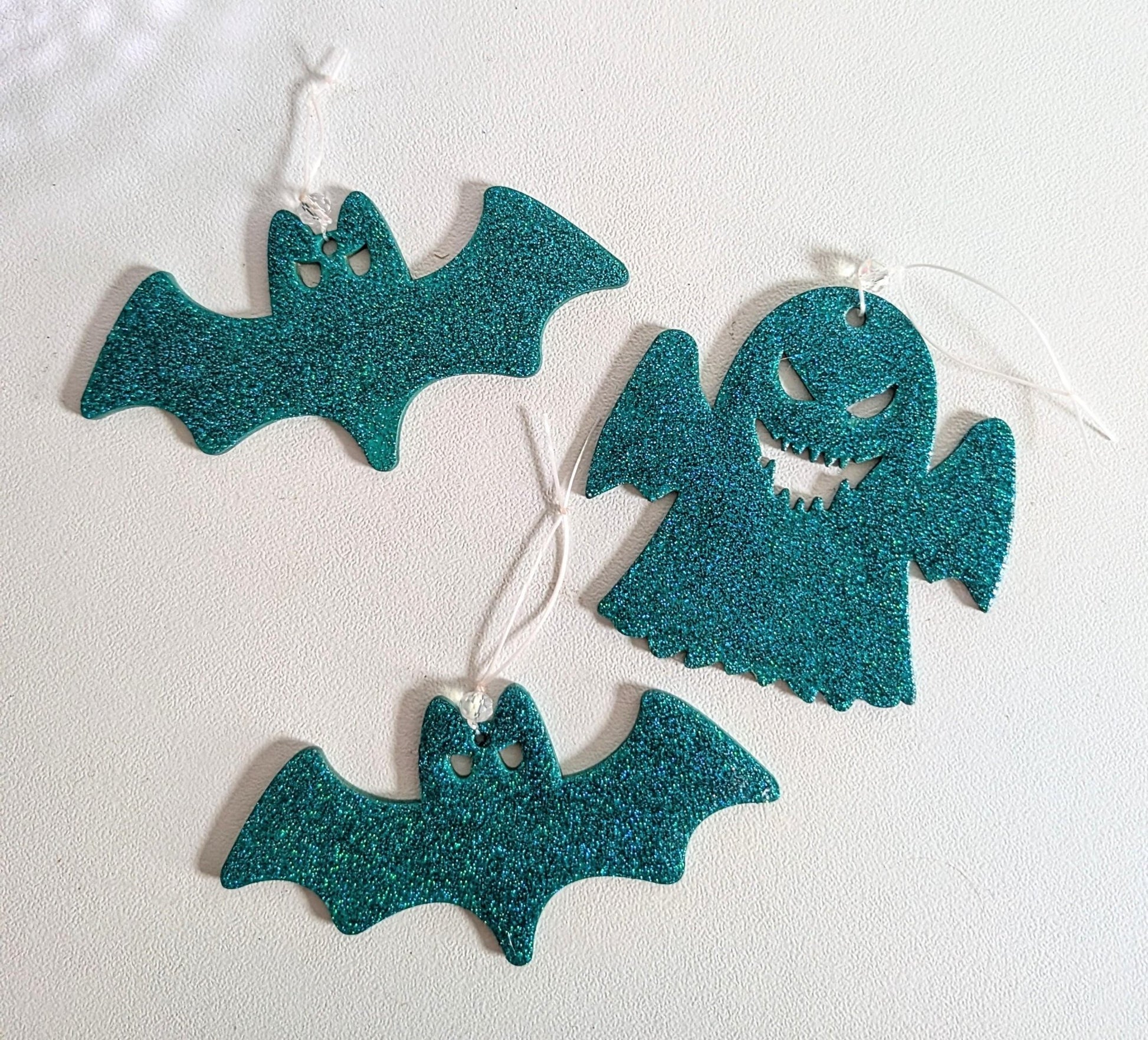 Peacock Green Glitter Bat & Ghost Christmas Ornaments: Gothic Xmas Tree Set - Oh My Gothness