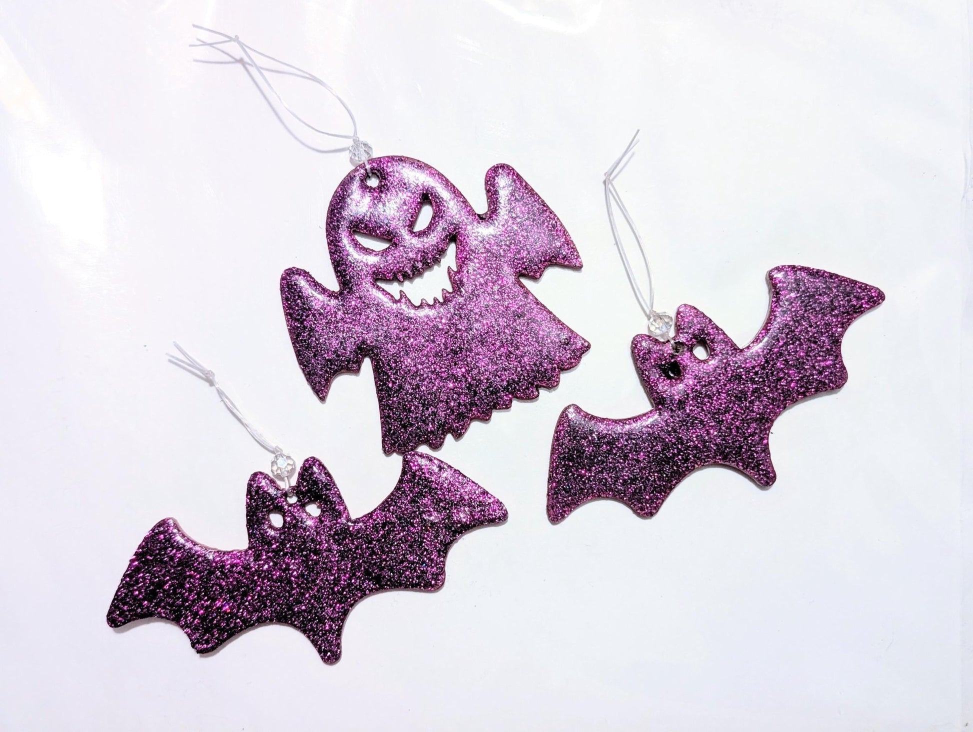 Pink Glitter Spooky Bats & Ghost Christmas Ornaments, Set of 3 - Oh My Gothness