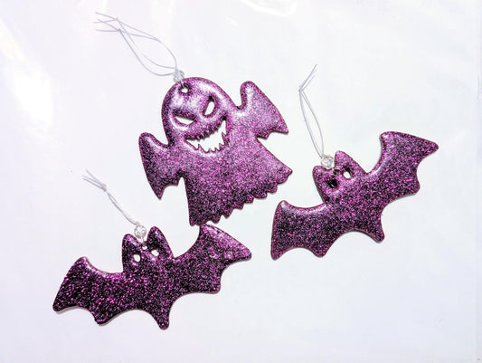 Pink Glitter Spooky Bats & Ghost Christmas Ornaments, Set of 3 - Oh My Gothness
