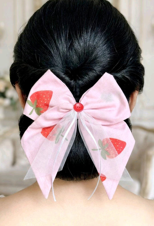 Pink Red Strawberry & Lace Hair Bow, Clip On - Lolita Gothic Punk - Oh My Gothness