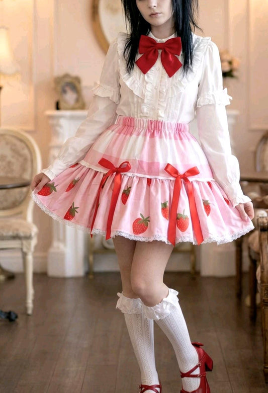 Pink Red White Strawberries Lolita Cake Skirt - Y2K Tutu Gothic Kawaii Size 8 - 12 (UK) - Oh My Gothness