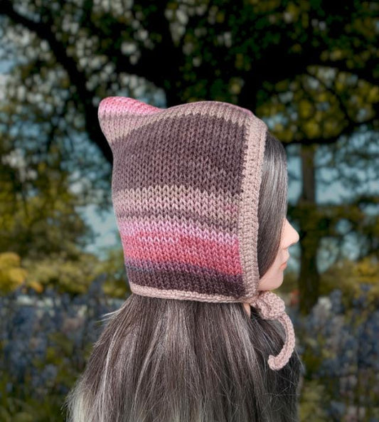 Pink Taupe Grey Mix Knitted Forest Bonnet Handmade Pixie Bow Tie Hat Adult Emo Goth Whimsy Elf Fairy Reenactment Winter Gift HT22 - Oh My Gothness