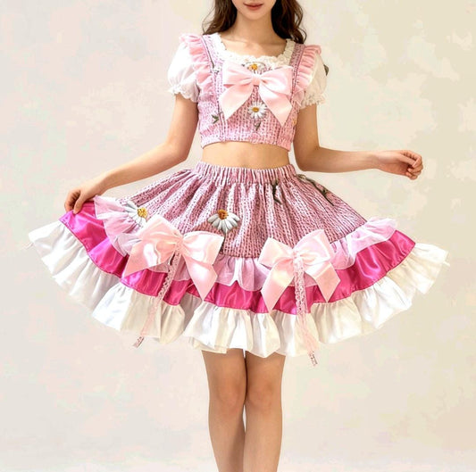 Pink White Bows Lolita Cake Skirt - Y2K Maid Gothic Kei Size 6 -10 Small - Oh My Gothness
