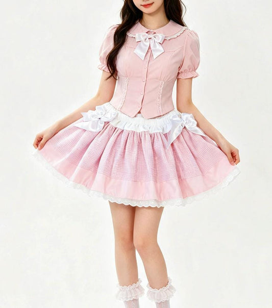Pink White Gingham Sweet Lolita Kawaii Skirt - Frills Bows Kei Size 20 - 22 (UK) - Oh My Gothness