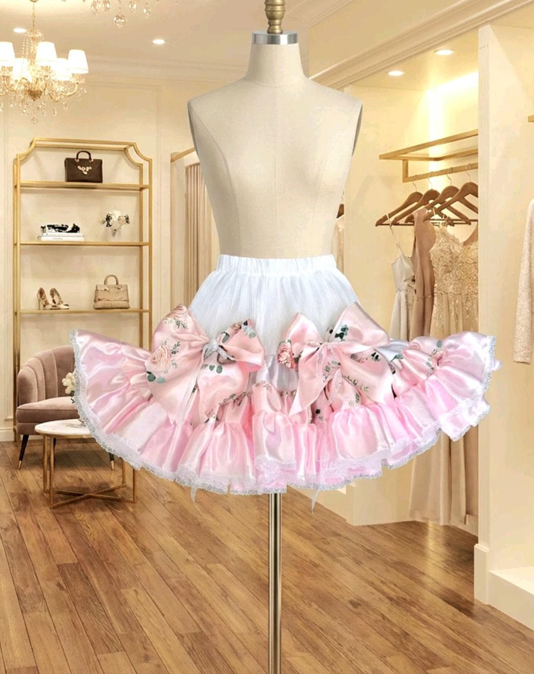 Pink White Satin & Lace Big Bows Lolita Tutu Skirt Maid Dance Emo Kawaii Size 6 - 8 (UK) - Oh My Gothness