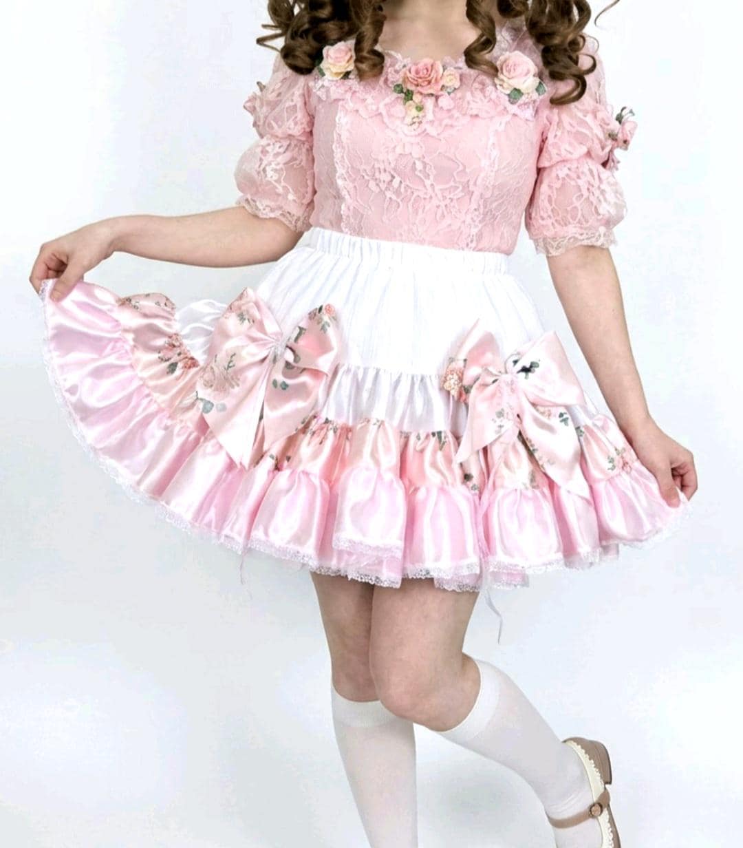 Pink White Satin & Lace Big Bows Lolita Tutu Skirt Maid Dance Emo Kawaii Size 6 - 8 (UK) - Oh My Gothness