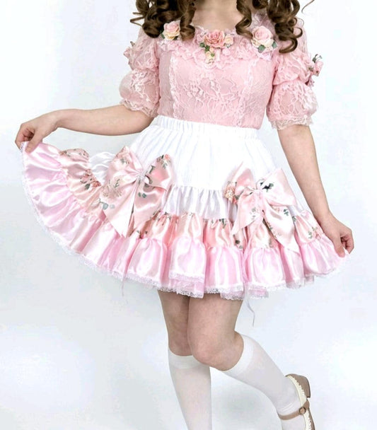 Pink White Satin & Lace Big Bows Lolita Tutu Skirt Maid Dance Emo Kawaii Size 6 - 8 (UK) - Oh My Gothness
