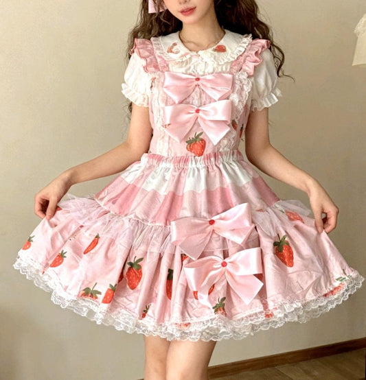Pink White Strawberries Lolita Cake Skirt - Y2K Maid Tutu Gothic Kei Size 6 -10 Small - Oh My Gothness