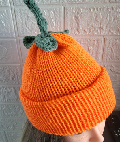 Pumpkin Knitted Hat Orange & Green Halloween Fancy Dress Punk Emo Goth Winter Gift HT4 - Oh My Gothness