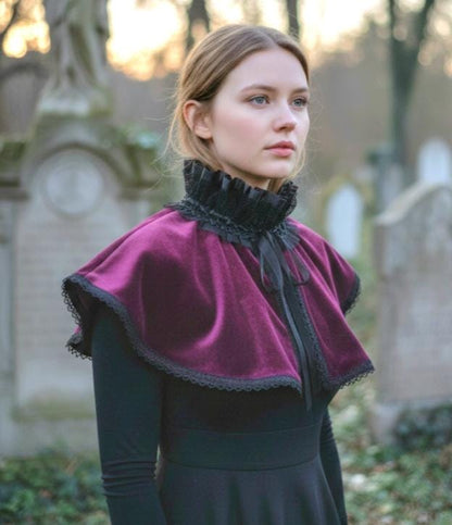 Purple Aubergine Velvet Victorian Cape Capelet Steampunk Wedding Whitby Regency Circular Black Lace Gothic Theatre Costume Fancy Dress CP59 - Oh My Gothness