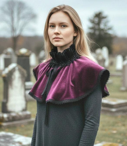 Purple Aubergine Velvet Victorian Cape Capelet Steampunk Wedding Whitby Regency Circular Black Lace Gothic Theatre Costume Fancy Dress CP59 - Oh My Gothness