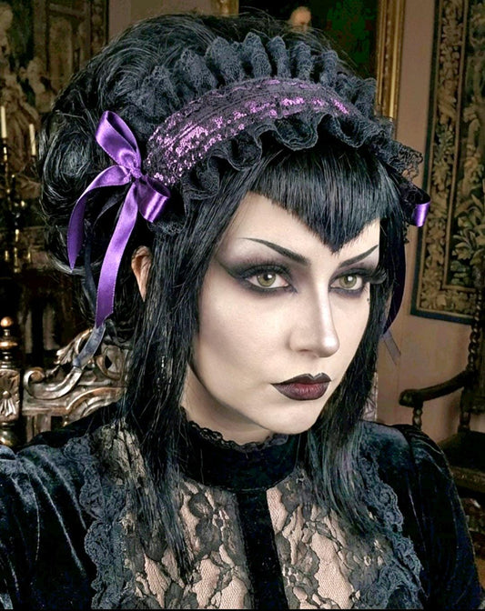 Purple Black Lace Lolita Headpiece Head Band - Steampunk Maid Gothic Emo - Oh My Gothness