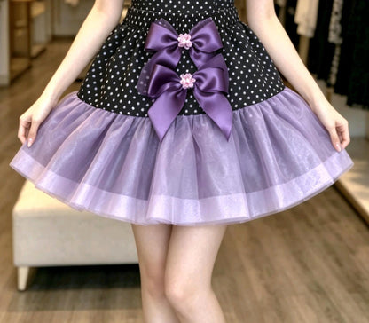 Purple Black White Polka Dot Lolita Frilly Skirt - Y2K Maid Gothic Kei, Size 10 - 12 (UK) - Oh My Gothness