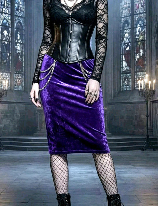 Purple Crushed Velvet Pencil Skirt - Gothic Witch Costume Size 6 - 10 (UK) - Oh My Gothness