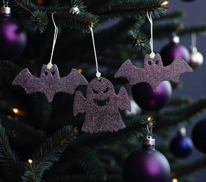 Purple Glitter Bat & Ghost Christmas Ornaments, Gothic Decor (Set of 3) - Oh My Gothness