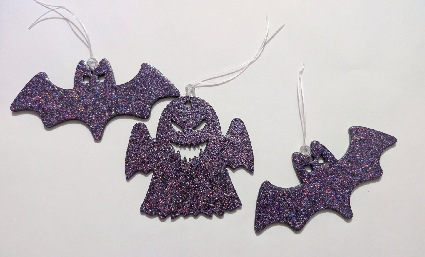 Purple Glitter Bat & Ghost Christmas Ornaments, Gothic Decor (Set of 3) - Oh My Gothness